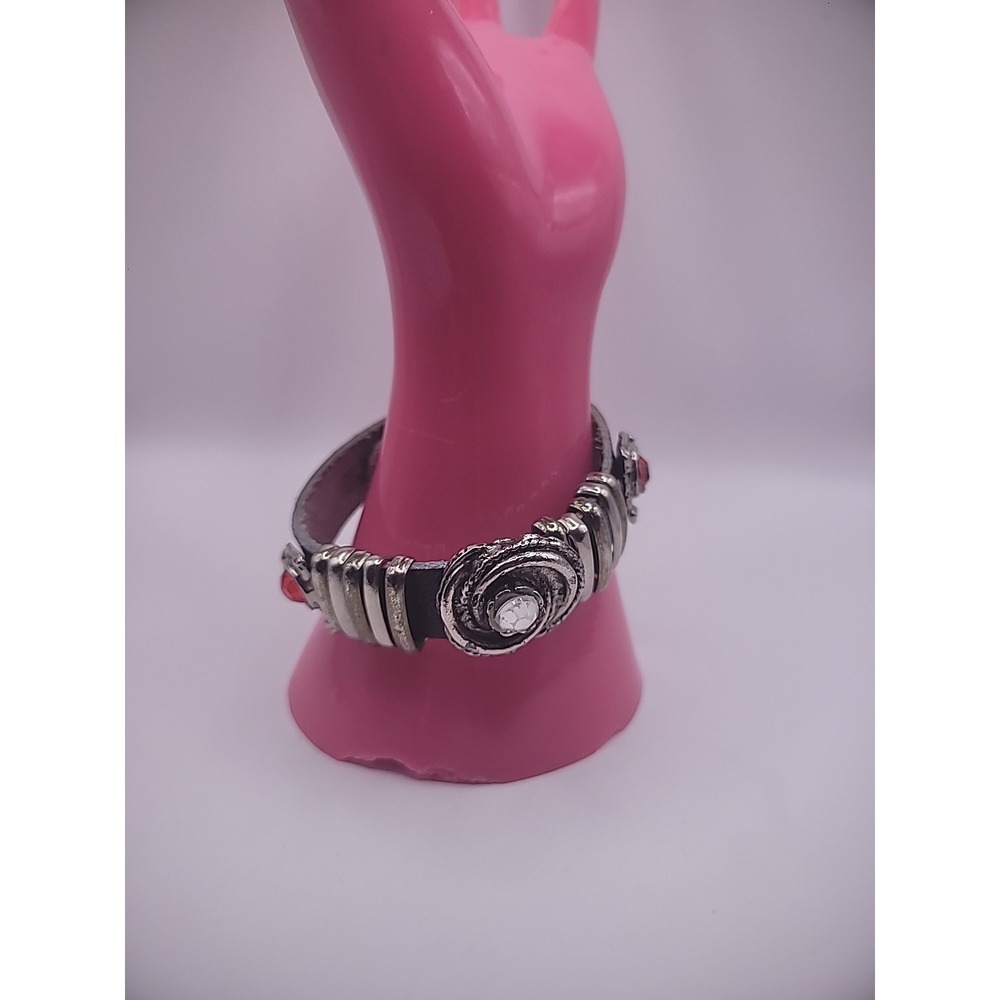 Vintage Bracelet Black Leather Snap Silver Tone White Red Crystals Jewelry